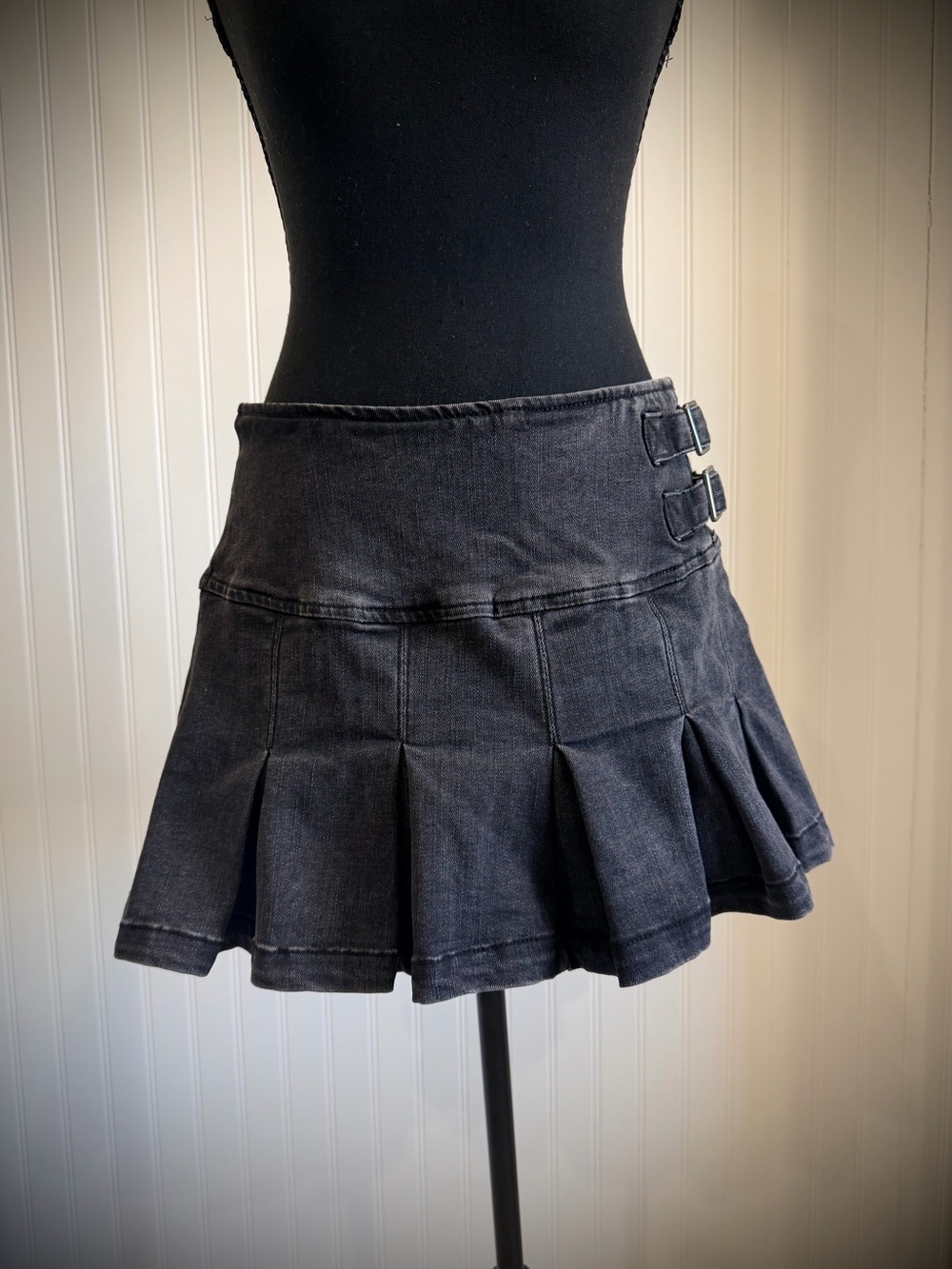 Black Pleated Mini Skirt with Side Buckles